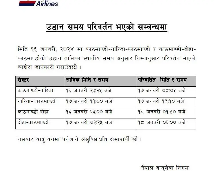Nepal Airlines Flight Schedule - Aviation in Nepal